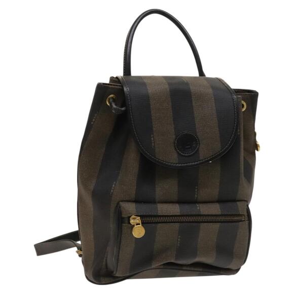 FENDI Pecan Canvas Backpack Pvc Brown Black Gold - Picture 1 of 14